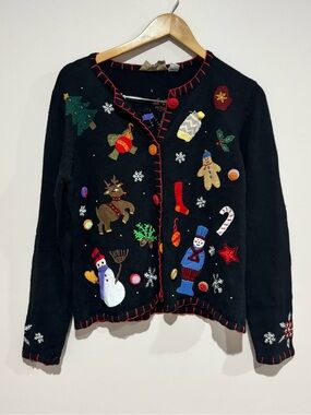 Painted Pony Womens M Black Embroidered Christmas Snowman Reindeer Cardigan
